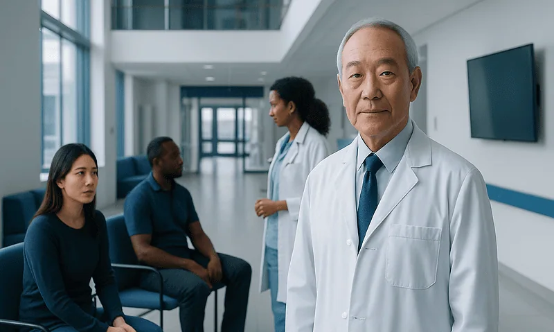 Doctor with patients in a hospital waiting area at Acibadem Hospitals Group.