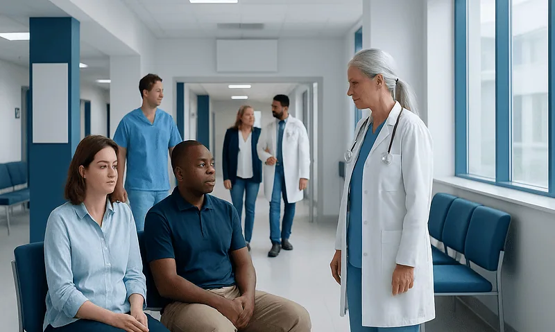 Medical consultation with patients in a hospital corridor at Acibadem Hospitals Group.