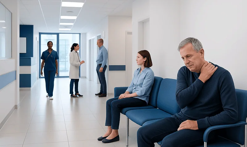 Patient experiencing neck pain in a hospital corridor with medical staff nearby.