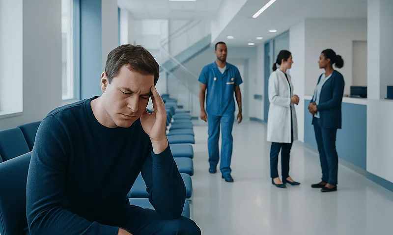 Man experiencing stress in a hospital corridor with medical staff in background.