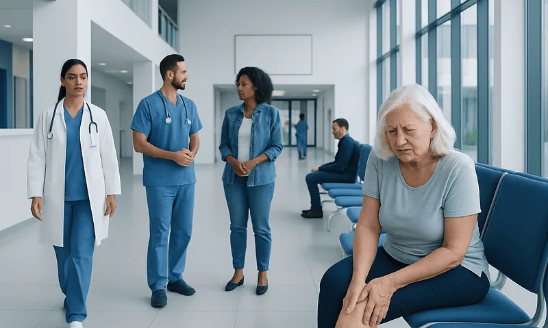 Elderly woman experiencing leg discomfort in hospital corridor with medical staff nearby.