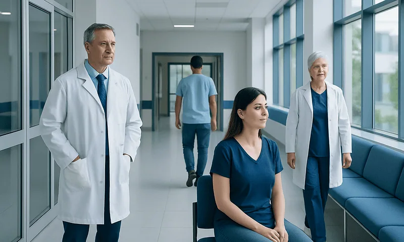 Medical professionals and a patient in a hospital corridor.