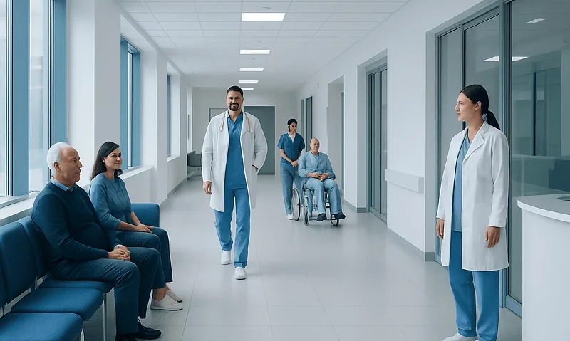 Medical team consulting patients in a modern hospital corridor.