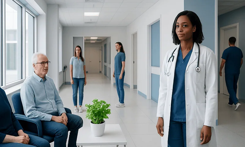 Healthcare professionals and patients in a hospital corridor.
