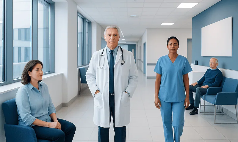 Medical team in hospital corridor with patients and staff.