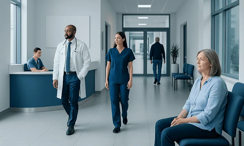 Healthcare professionals and patient in a modern hospital corridor.