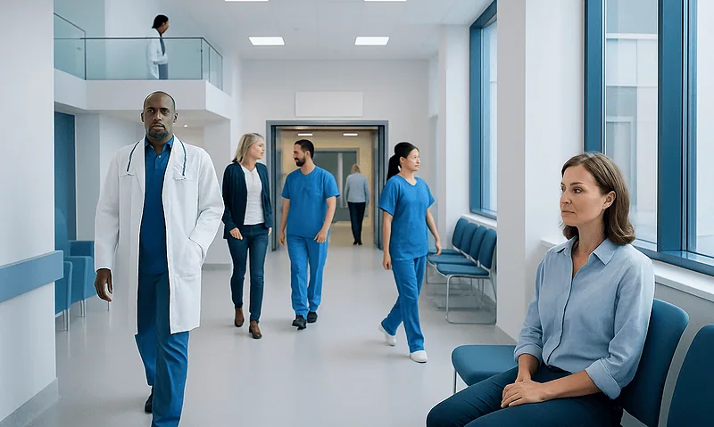 Healthcare professionals and patients in a modern hospital corridor.