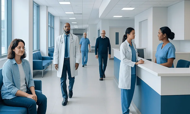 Medical staff and patients in a modern hospital corridor at Acibadem Hospitals Group.