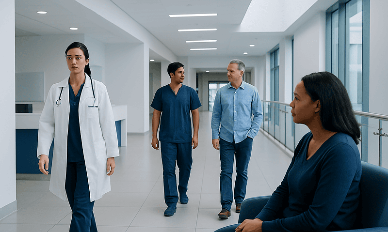 Medical professionals and a patient in a modern hospital corridor.