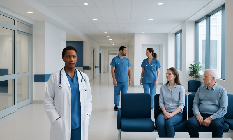 Ciprofloxacin: What Patients Need to Know 18 Healthcare professionals and patients in a modern hospital corridor.
