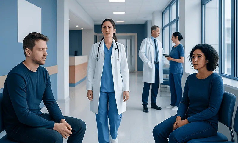 Understanding Circadian Rhythm Disorder: A Complete Patient Guide 13 Medical consultation in hospital corridor with doctors and patients.