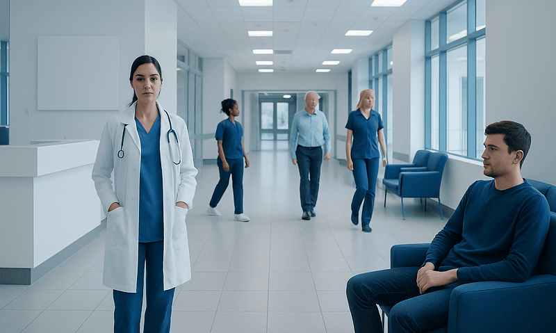 Medical staff and patient in a modern hospital corridor.