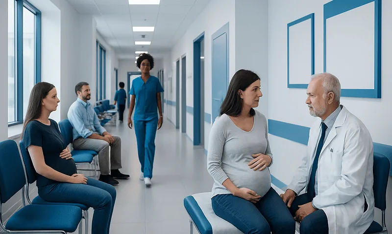 Pregnant woman consulting with doctor in hospital corridor.