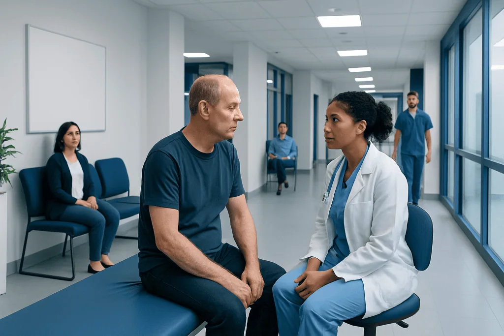 Understanding Cirrhosis Skin Disease Treatment: A Complete Patient Guide 1 Doctor consulting patient in hospital corridor for liver disease treatment.