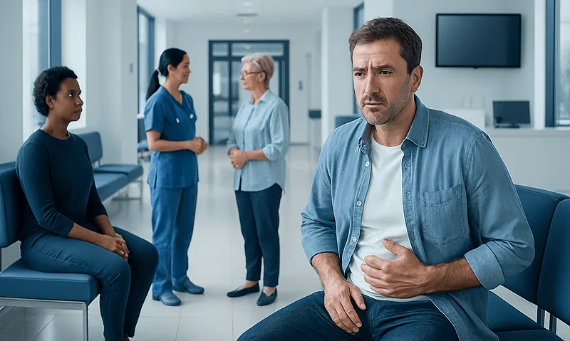 Man experiencing stomach pain in a hospital waiting area.