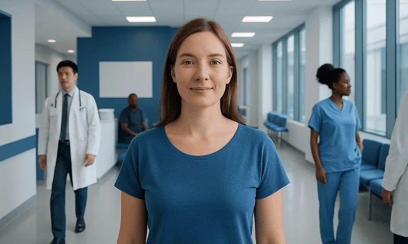 Diverse healthcare team in a modern hospital corridor.