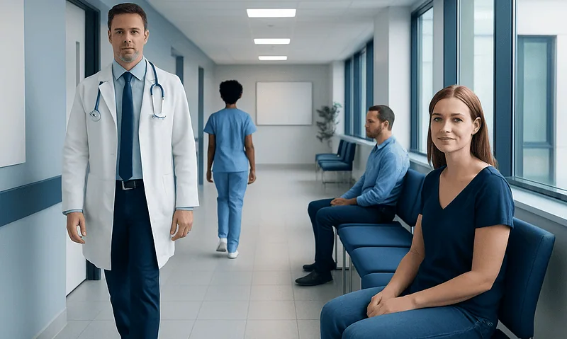 Medical professionals and patients in a hospital corridor at Acibadem Hospitals Group.