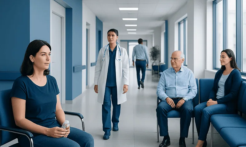 Patients waiting in a hospital corridor with a healthcare professional nearby.
