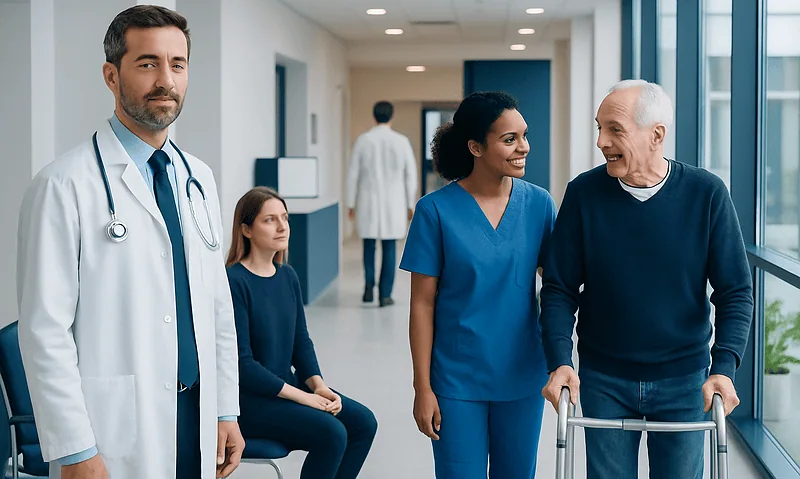 CK (Creatine Kinase) Blood Test: What Low and High Levels Mean — and What to Do Next 9 Healthcare professionals assisting elderly patient in hospital corridor.