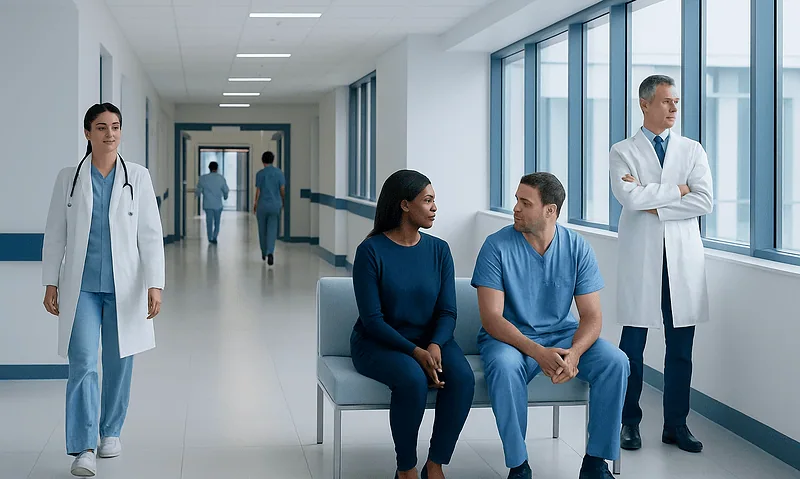 Medical professionals and patients in a modern hospital corridor.