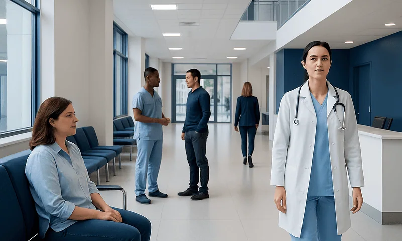 Healthcare professionals and a doctor in a hospital lobby.
