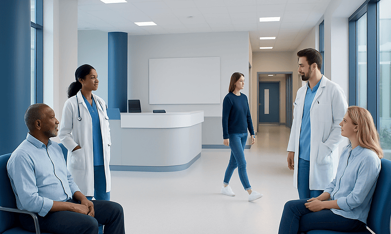 Medical team consulting patients in a modern hospital waiting area.