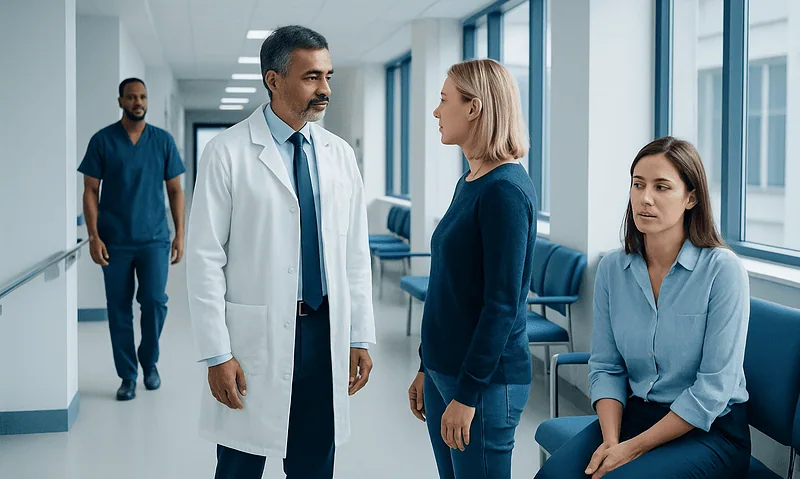 Doctor consulting female patient in hospital corridor with staff in background.