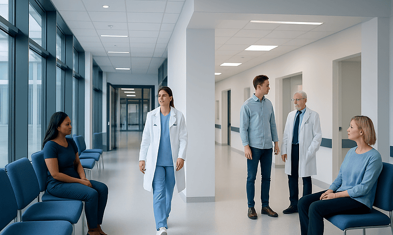 Medical consultation in a modern hospital corridor with healthcare professionals and patients.