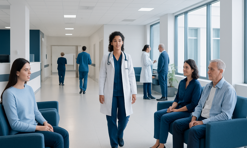 Medical professionals and patients in a modern hospital corridor.