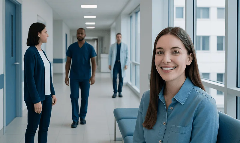 Smiling young woman in a hospital corridor with medical staff in the background.