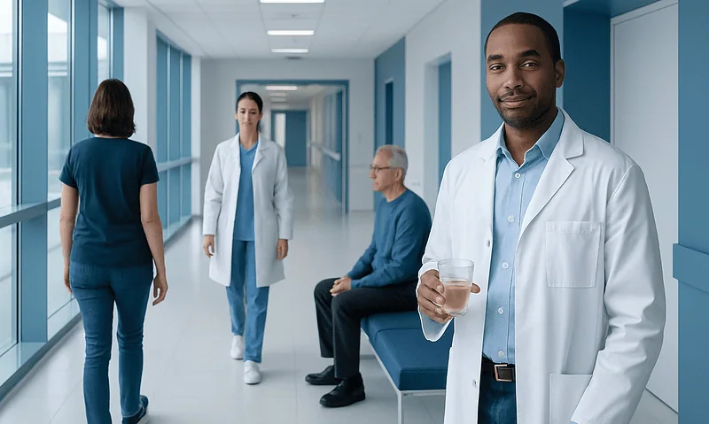 Medical professionals and patients in a hospital corridor at Acibadem Hospitals Group.