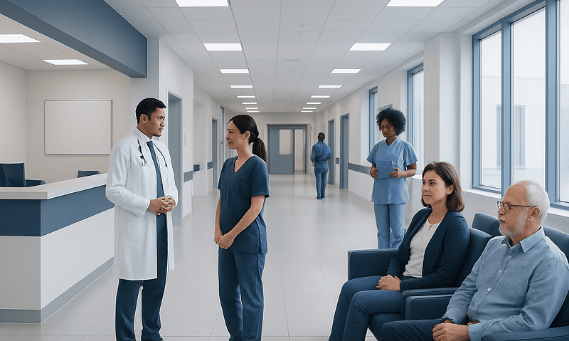 Hospital staff and patients in a modern healthcare facility corridor.