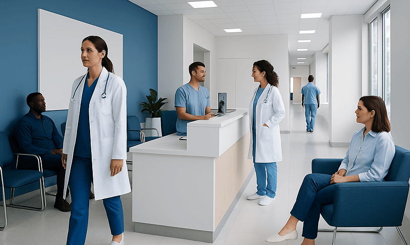Healthcare professionals and patients in a modern hospital corridor.
