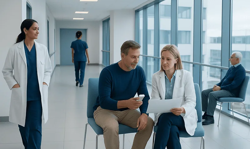 Doctors and patient in a modern hospital corridor.