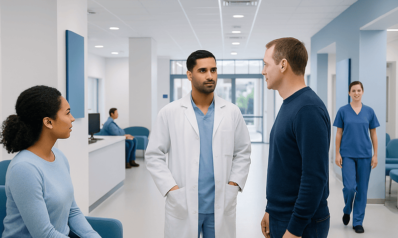 Medical consultation in a hospital corridor with healthcare professionals and patient.
