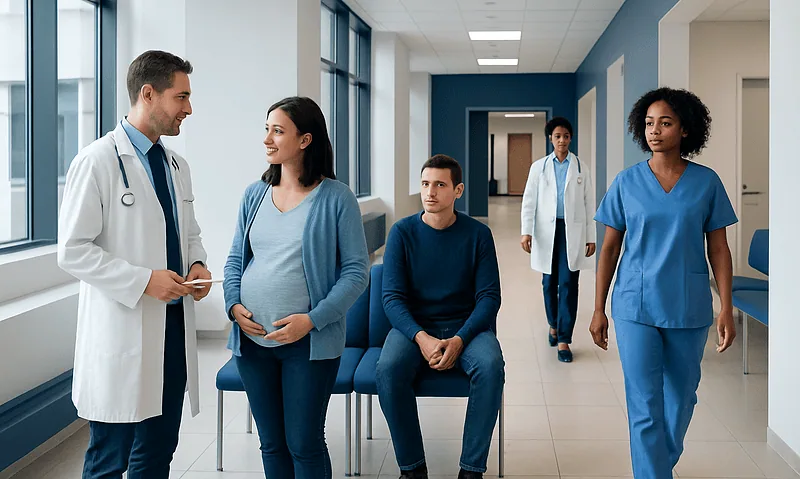 Medical team consulting with pregnant woman in hospital corridor.