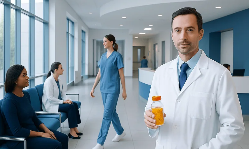 Doctor holding vitamin supplement bottle in hospital waiting area.