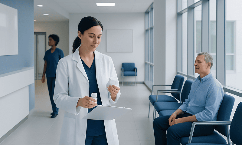 Healthcare professional consulting patient in hospital corridor.