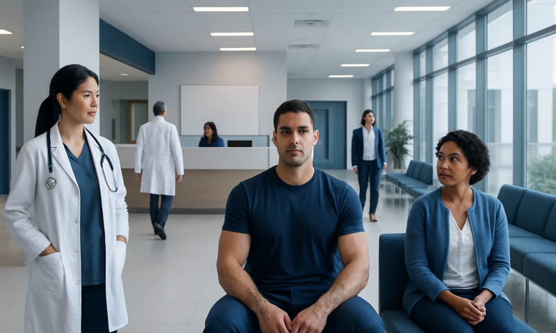 Patient waiting in hospital lobby with medical staff nearby.