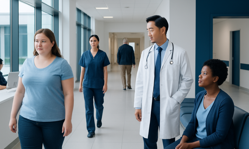Healthcare professionals and patient in hospital corridor at Acibadem Hospitals Group.