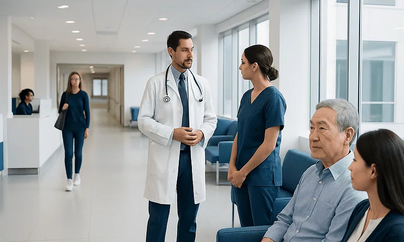 Medical professionals consulting with elderly patient in hospital corridor.