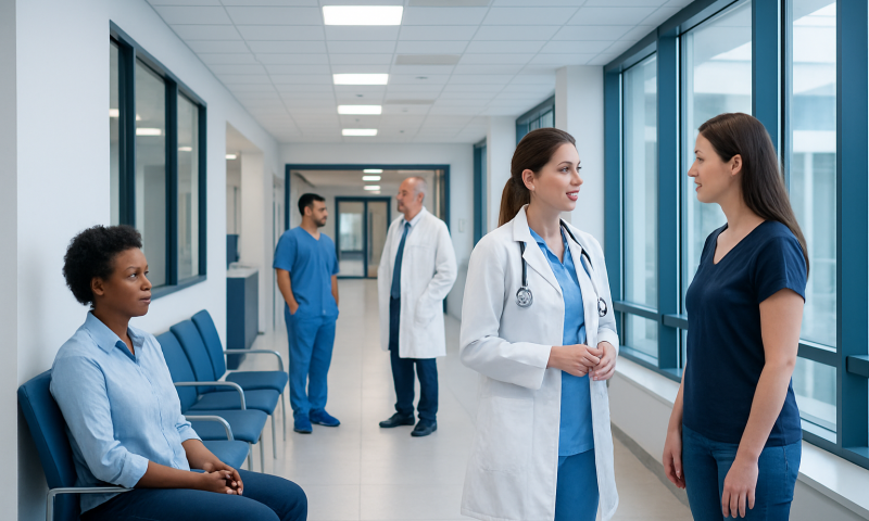Medical professionals consulting in a hospital corridor with patients.