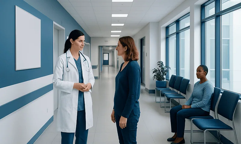 Doctor talking to patient in hospital corridor with waiting area.