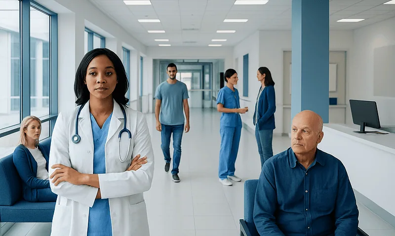 Healthcare professionals and patients in a modern hospital corridor.