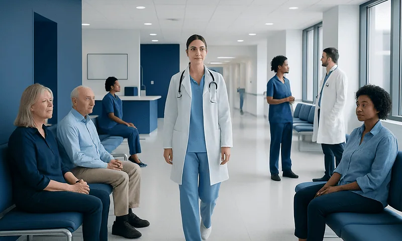Healthcare professionals and patients in a modern hospital corridor.