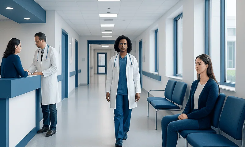 Healthcare professionals and patient in hospital corridor at Acibadem Hospitals Group.