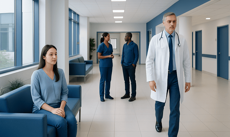 Medical staff and patient in hospital corridor at Acibadem Hospitals Group.