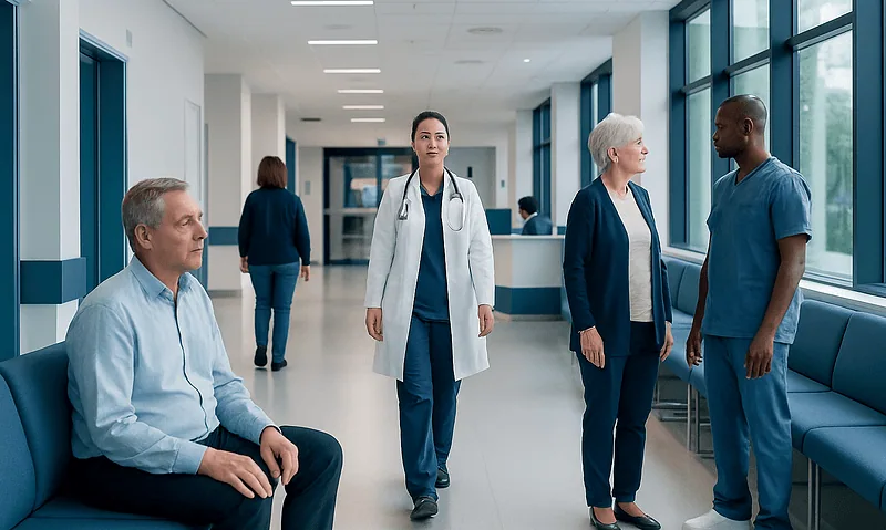 Medical professionals and patients in a hospital corridor at Acibadem Hospitals Group.