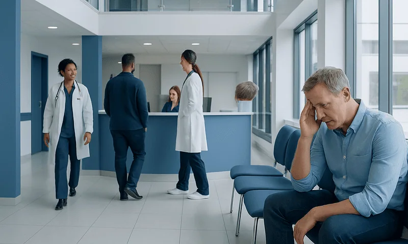 Patient experiencing headache in hospital waiting area with medical staff nearby.