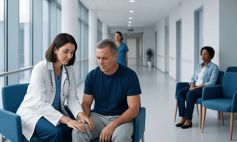 Doctor consulting with patient in hospital corridor for Clonus management.